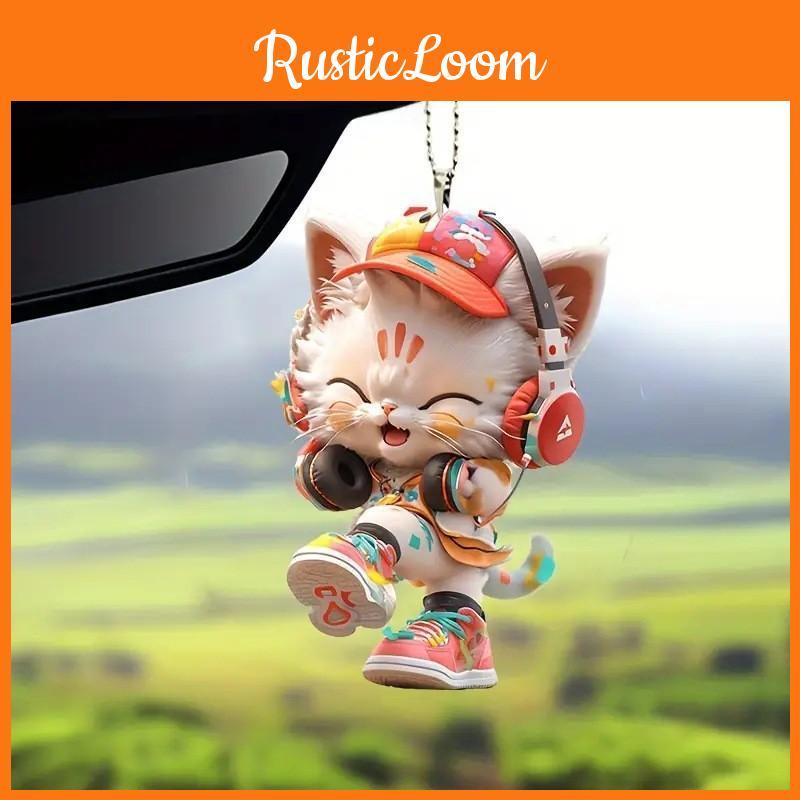 Cute Listening To Music Colorful Cat Pattern, Acrylic Pendant For Fun Vehicle Accessory