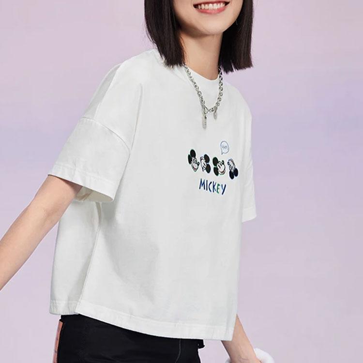 Li Ning X Disney Collaboration Sports Lifestyle Series Mickey Print Crew Neck Pullover Short Sleeve T-Shirt Women Tops White AHSS876-1