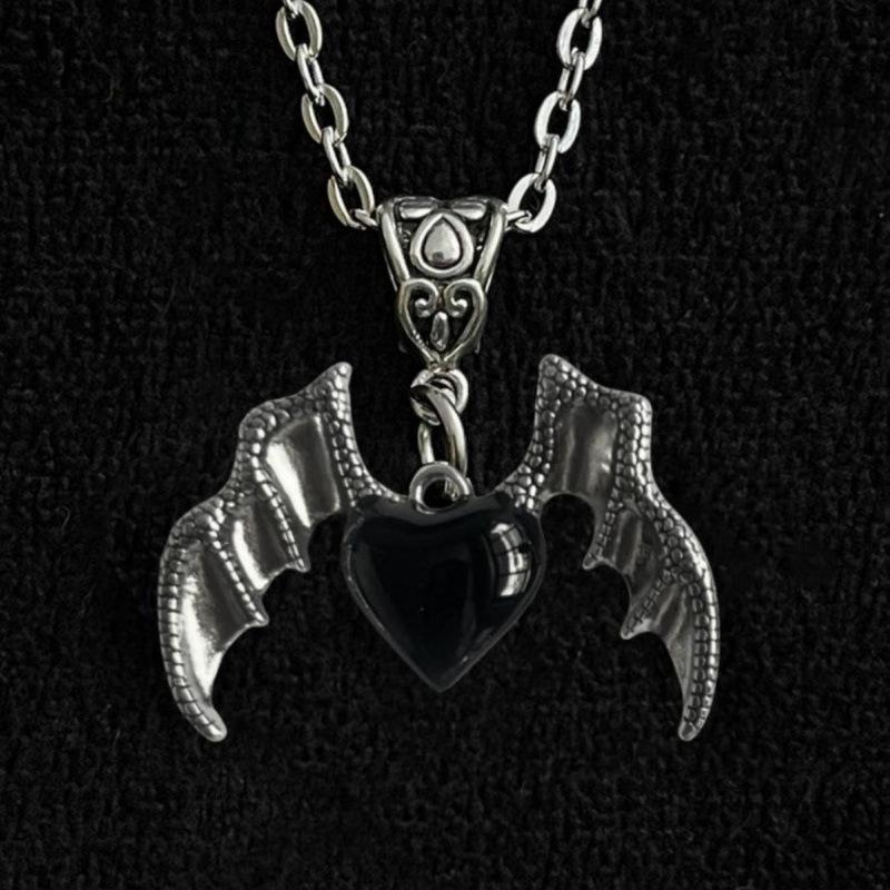 Gothic Punk Heart Pendant Necklace with Demon Wings