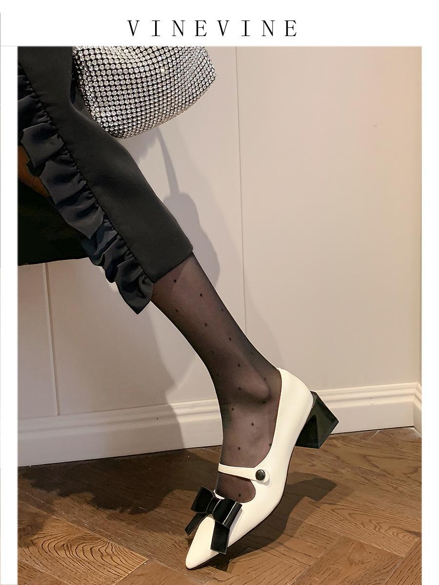 

Французские новые нежные толстые каблуки с заостренным носком и неглубоким носком туфли Мэри Джейн с бантом для женщин на среднем каблуке 40