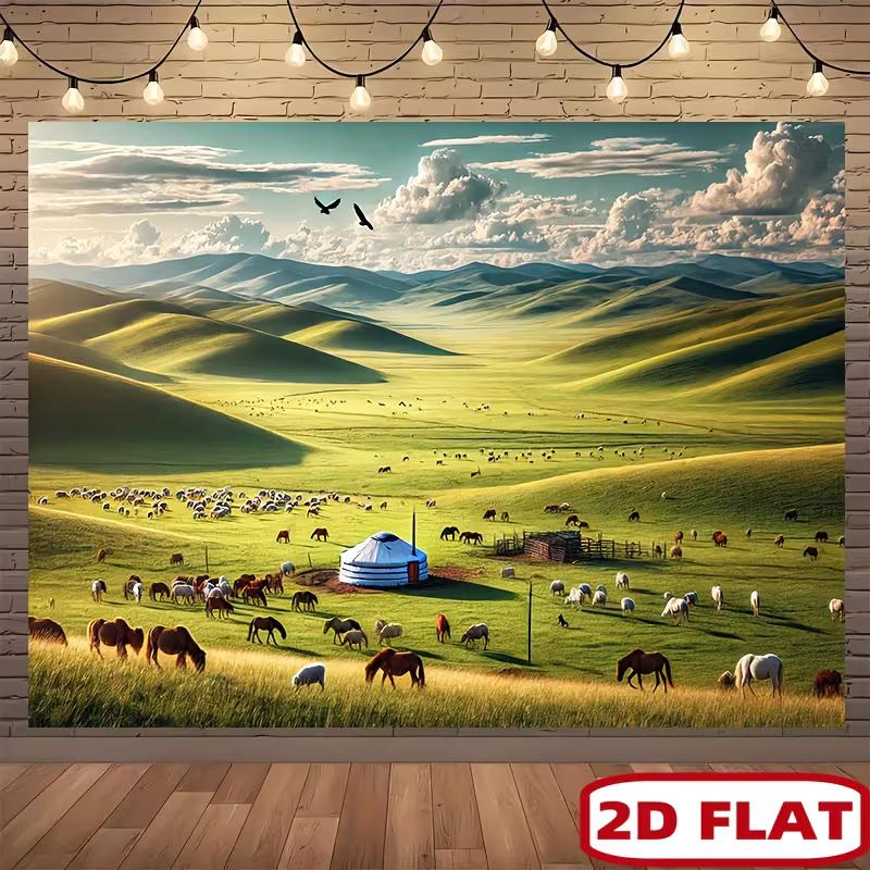 

2D Mongolian Steppe Backdrop, Grazing Horses and Sheep Photography Background 47.2x31.5inch/120*80cm