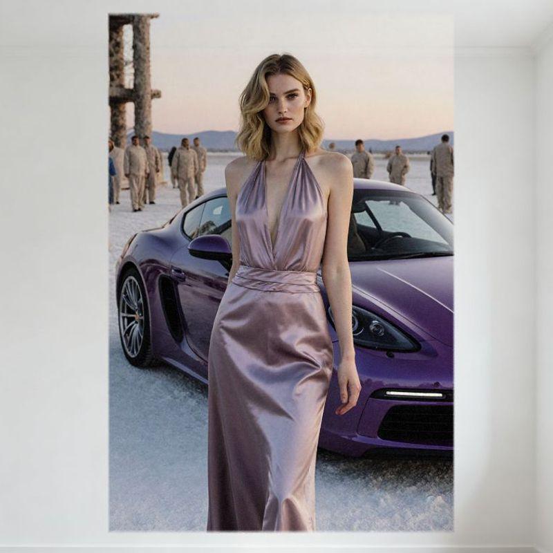 

Sexy Blonde Woman in Sleeveless Satin Gown Near Purple Sports Car Tin Sign Metal Poster for Wall Decor, Desert Arid Landscape at 20x30cm（7.8x11.8inch）