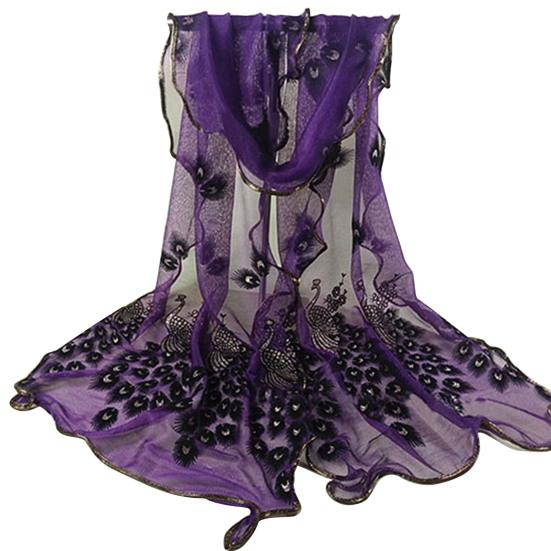 Women Fashion Peacock Flower Embroidered Lace Scarf Long Soft Wrap Shawl Stole