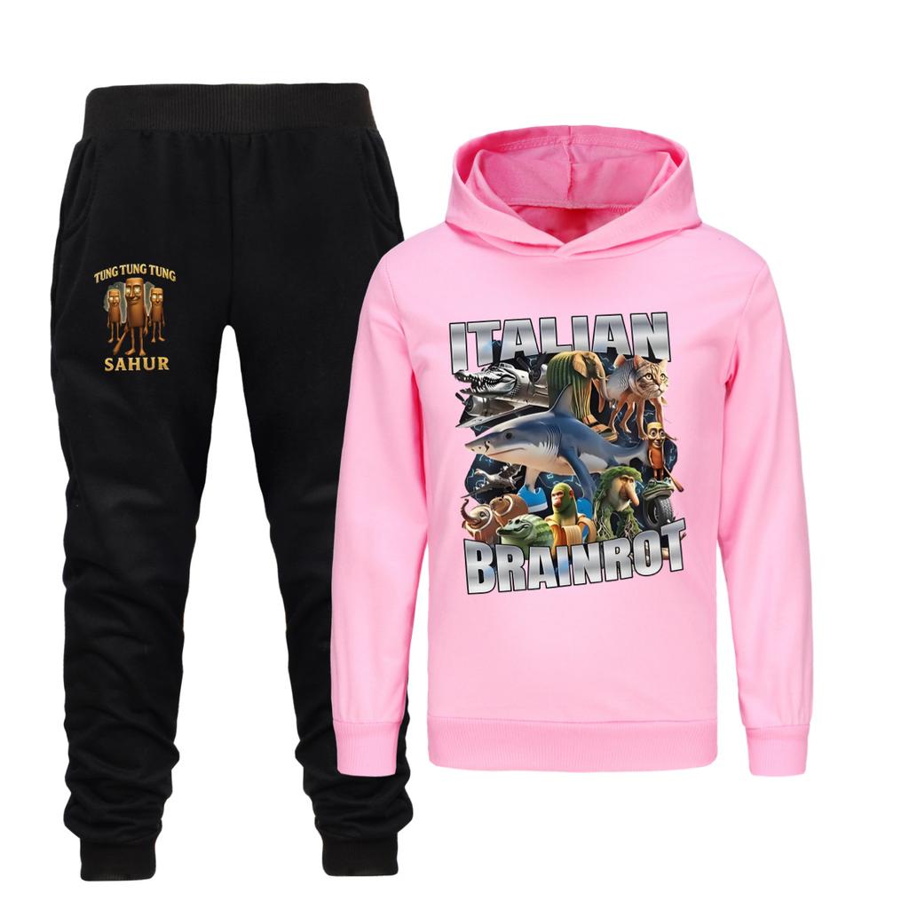 Tralalero Tralala Tung Tung Tung Funny Italian Brainrot Kids Boys Hoodie+Pants 2pcs Set Girls Tracksuit Children Outfits