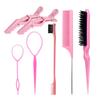 6Pcs Hair Brush Set Bristles Hair Brush Edge Controls Brush Tail Comb with Duckbill Clips Rubber Band for Women Girls