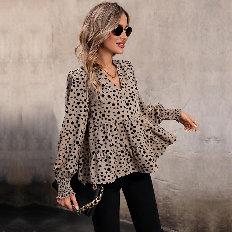 Women's Fashion Casual Leopard Print Long Sleeve V-Neck Blouses & Shirts
