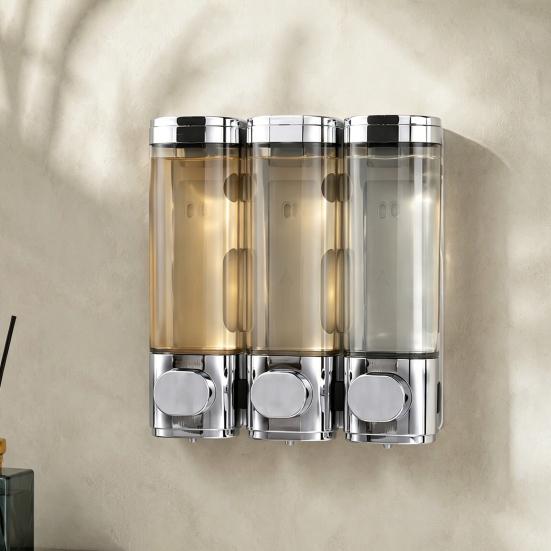 Dispenser Sapone Senza Foratura, Dispenser Shampoo e Balsamo, 3 Scomparti a Parete Bloccabile Doccia Grande Capacità Liquido per Casa Hotel