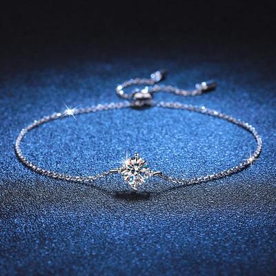 Women's Classic Instagram Style S925 Sterling Silver Bracelet with One Carat D Color Moissanite, Four-Prong Design, Light Luxury Fashion.