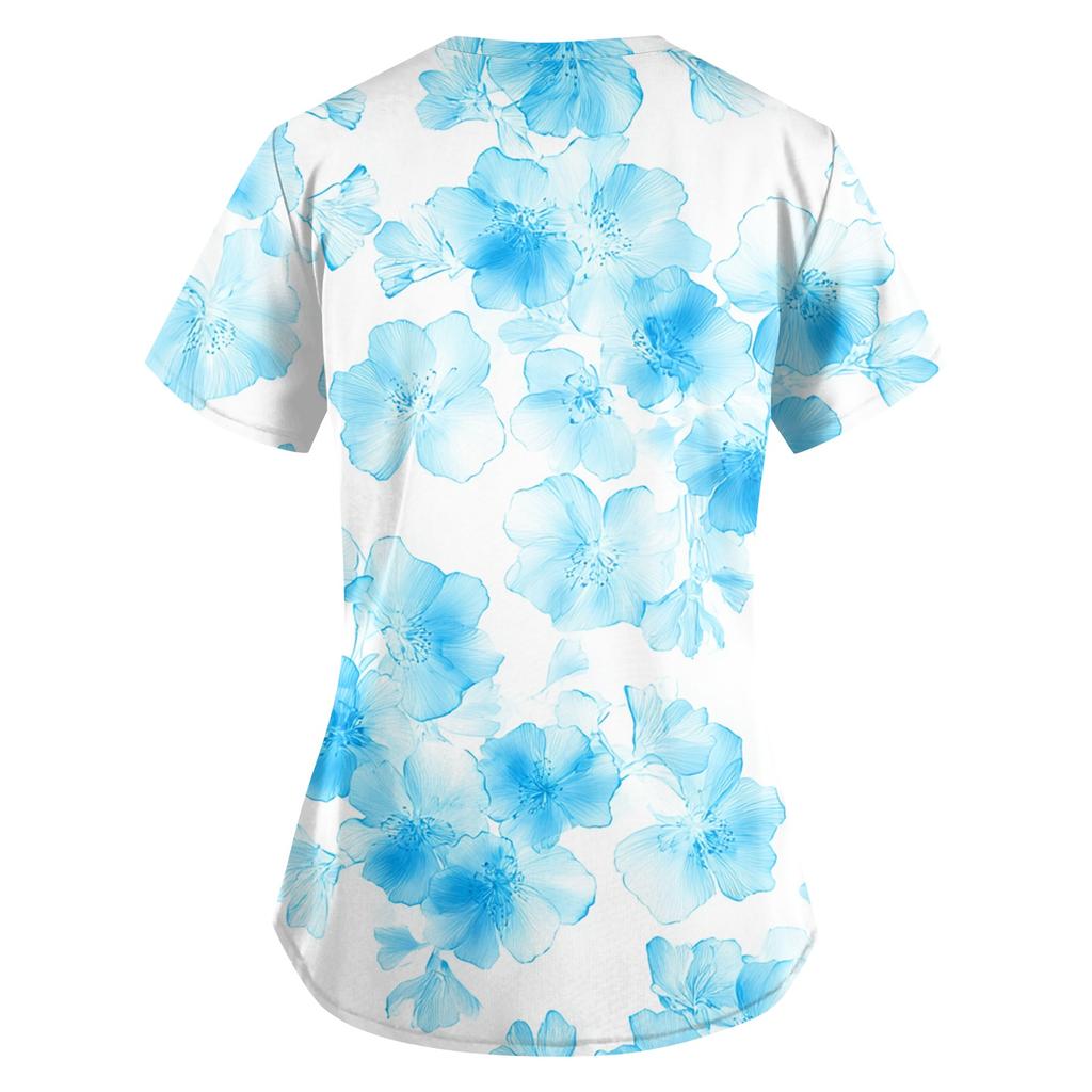 Nadměrná velikost Potištěný pracovní oděv Halenky pro dámský překřížený výstřih do V Potisk Krátký rukáv Zábavná trička Pracovní oděv Tričko s kapsami