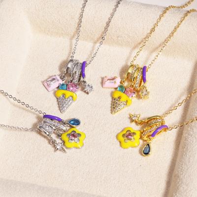 316L Stainless Steel Colorful Flower Zircon Ice Cream Pendant Necklace For Women Simple Elegant Enamel Jewelry Wholesale