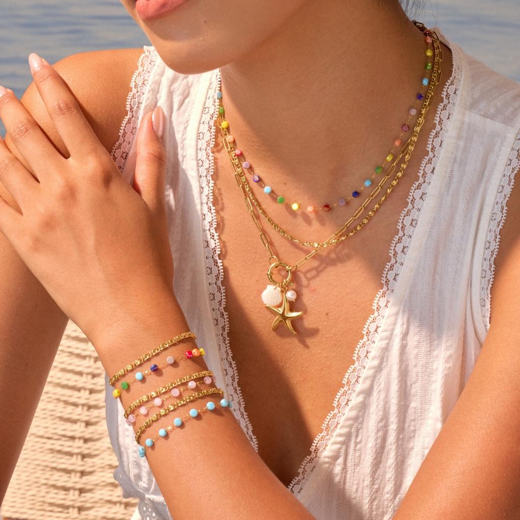 GEMCHIC Women's 18K Gold Plated Stainless Steel Layered Necklace Colorful Beads Starfish Pendant Summer Beach Clavicle Chain