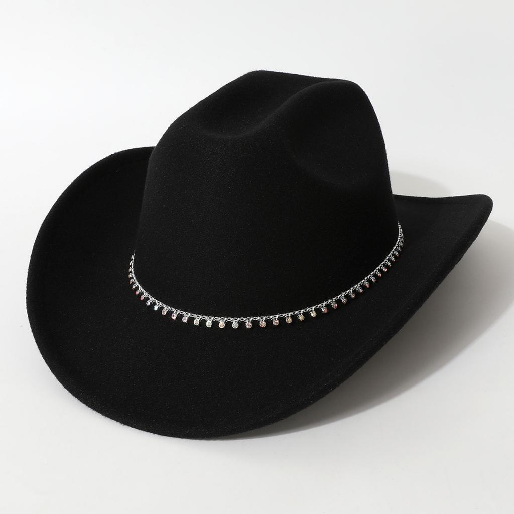 New European and American style flat-top woolen hat, western cowboy hat, unisex hat, equestrian hat with single row of rhinestones