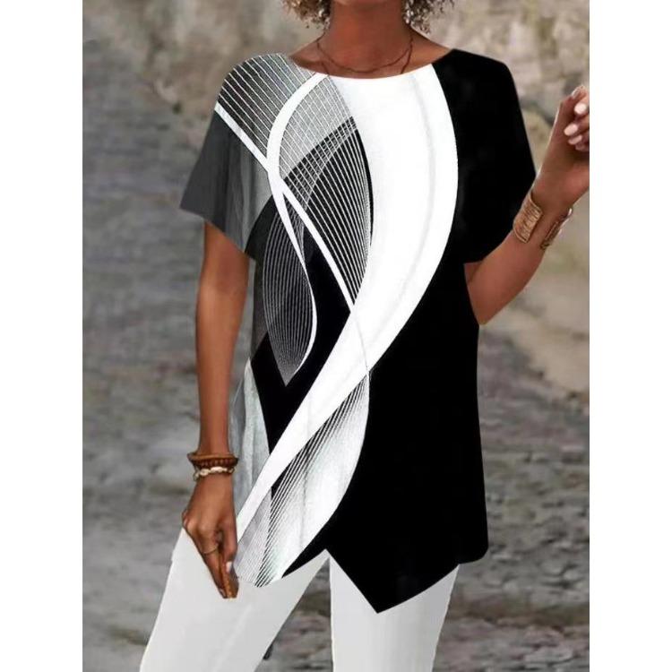Loose Casual T Shirt Women Irregular V Neck Printing Short Sleeved Blouse Long Sleeved Spring Autumn Top