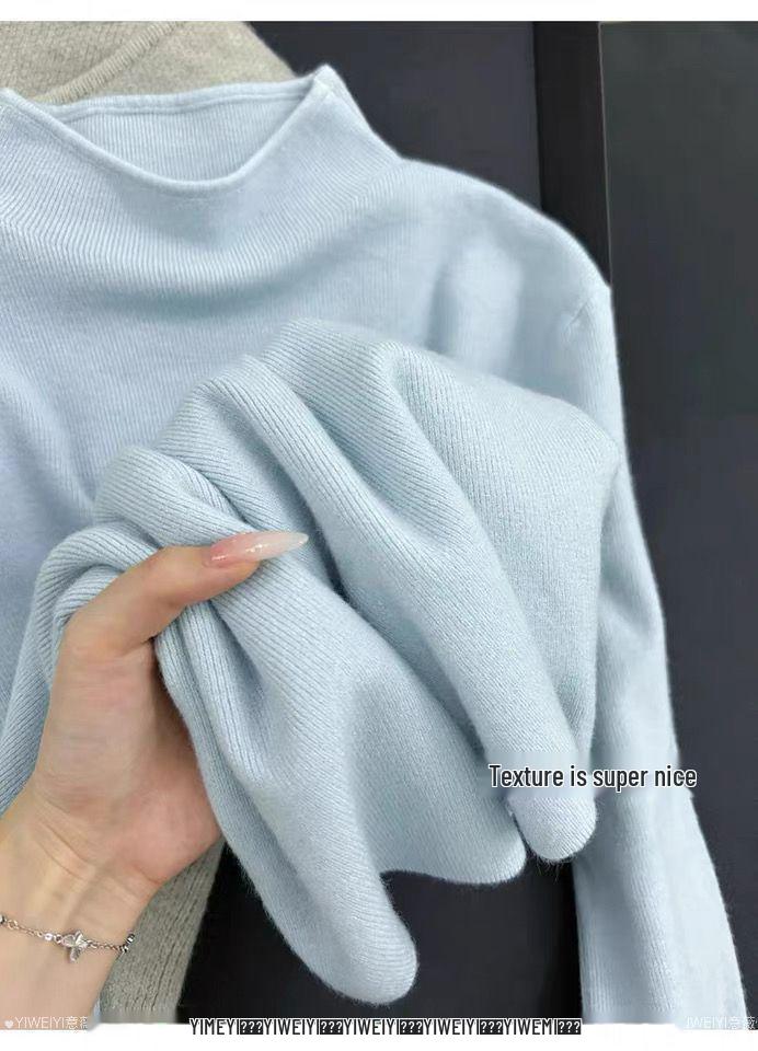Women's Milky Yellow Slim-Fit Knit Sweater - Semi-High Neck, Soft, Autumn/Winter Base Layer, Straight Shoulder Design