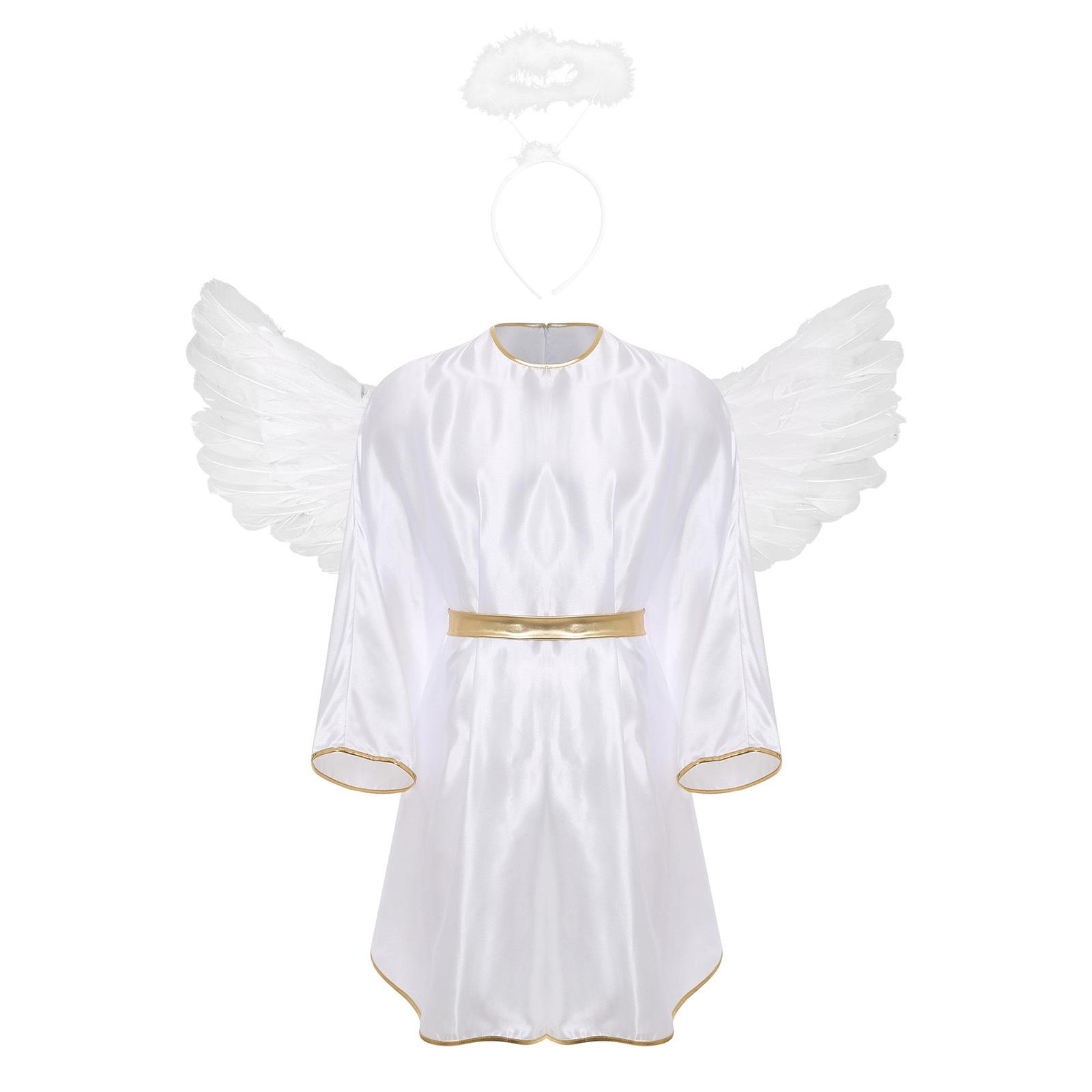

Mens Angel Devil Cosplay Satiny Robe Batwing Sleeve Gold Trim with Headwear Wings S