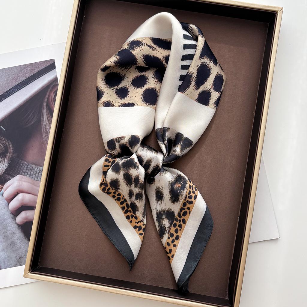 Women Leopard Print Square Scarf Silk Feeling Neckerchief Bandana Lady Shawl Scarves Wrap Head Kerchief Hair Band Ties