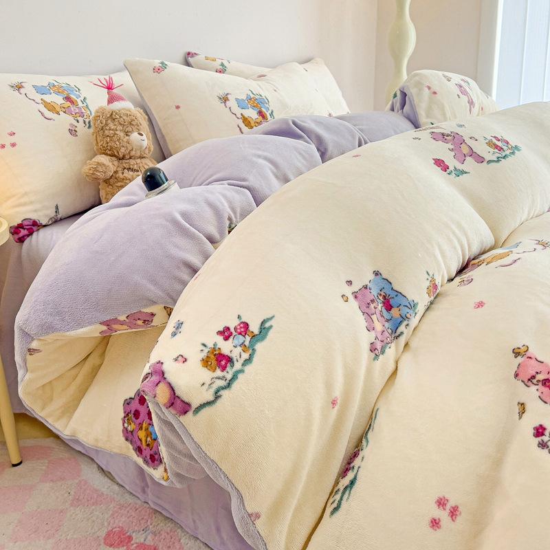 Thickened Milk Fleece Four-Piece Set Double-Sided Coral Flange Fleece Bed Sheet Quilt Cover Three-Piece Set Of Bed Hat
