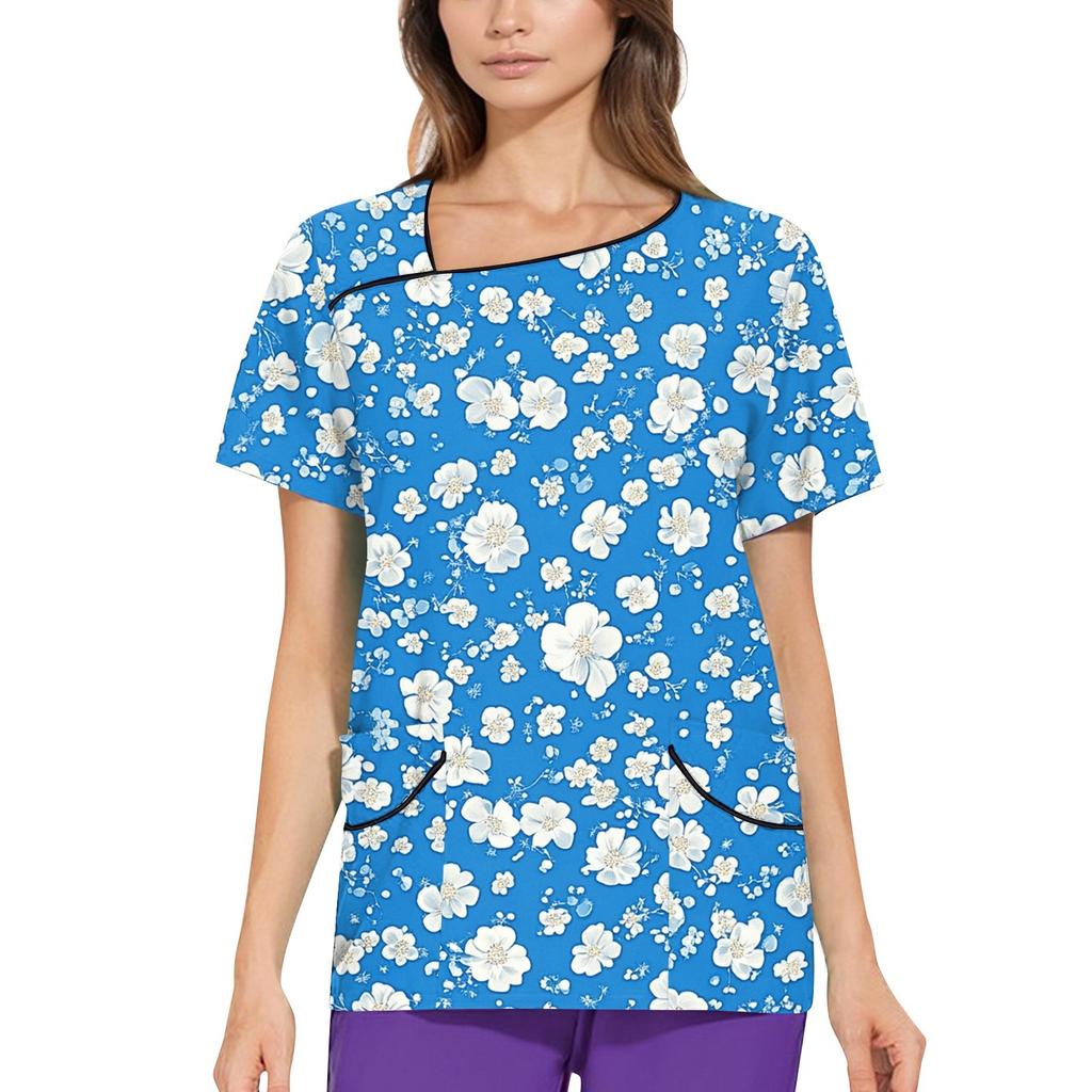 Women's Printed Work Clothes, Sloping Collar And Double Layer Pockets, Basic Top Pullover
