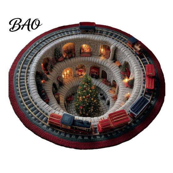 Christmas Party Home Decor 3D Rug, Illusion Area Round Decorative Non Slip Holiday Floor Covering Mat, Festive Carpet for Indoor Living Room