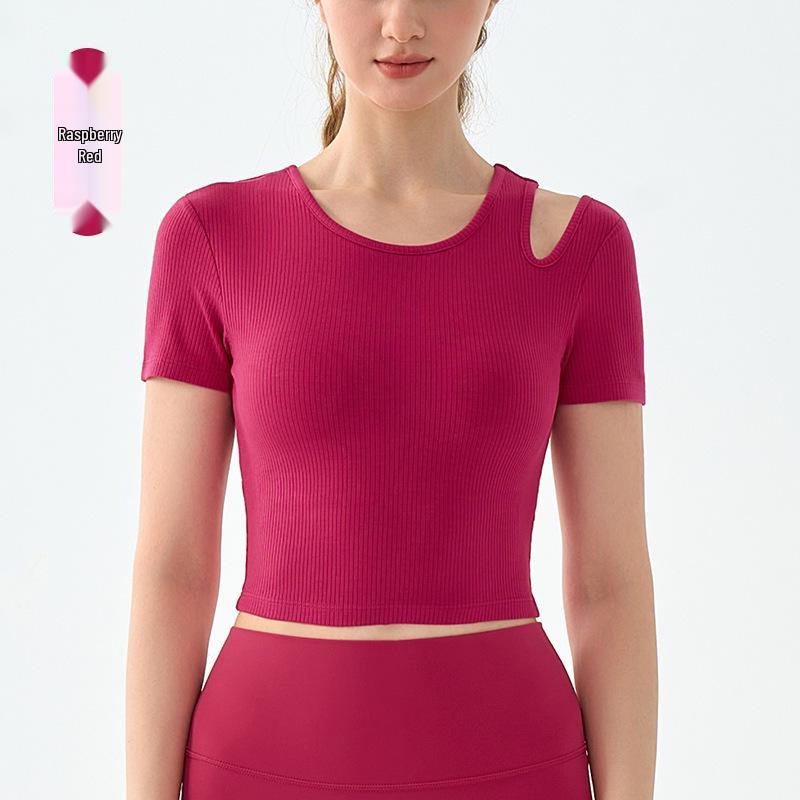 

Women s Ribbed Hollow Out Sports T-Shirt with Chest Pads - Solid Color, Slim Fit, Short Sleeve Yoga Top Large