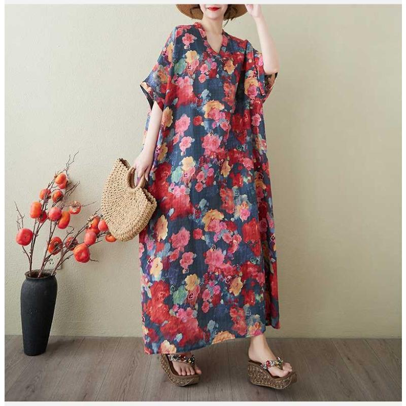 Women's Vintage Long Dress with Cotton and Linen Patterns