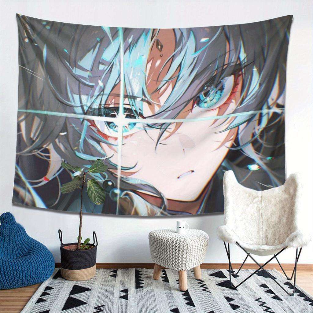 Intense anime character tapestry  celebrating theatrical art with expressive eyes and detailed features perfect for home decor
