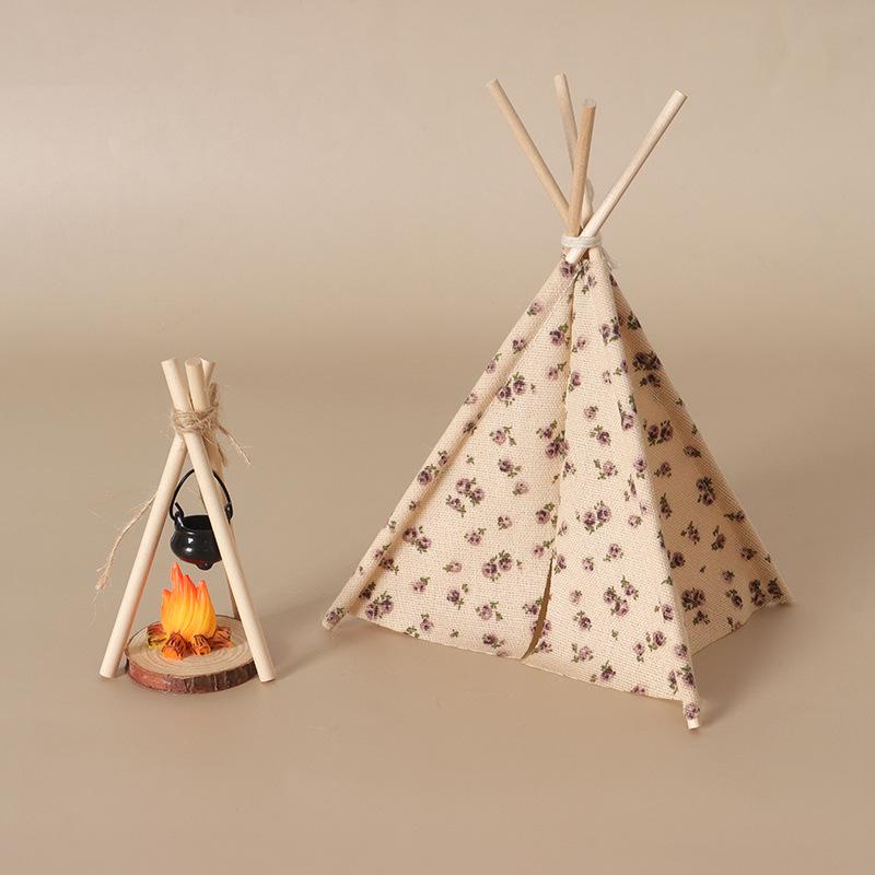 Mini Dollhouse Tent with Hanging Stove - Outdoor Scene Photography Prop & Play Toy