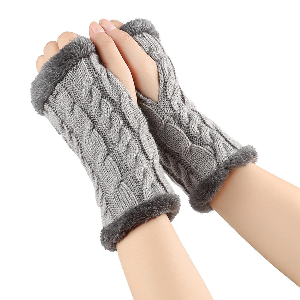 Solid Color Knitting Fingerless Plush Gloves Arm Warmers Thicked Gloves Autumn Winter Mittens For Adult