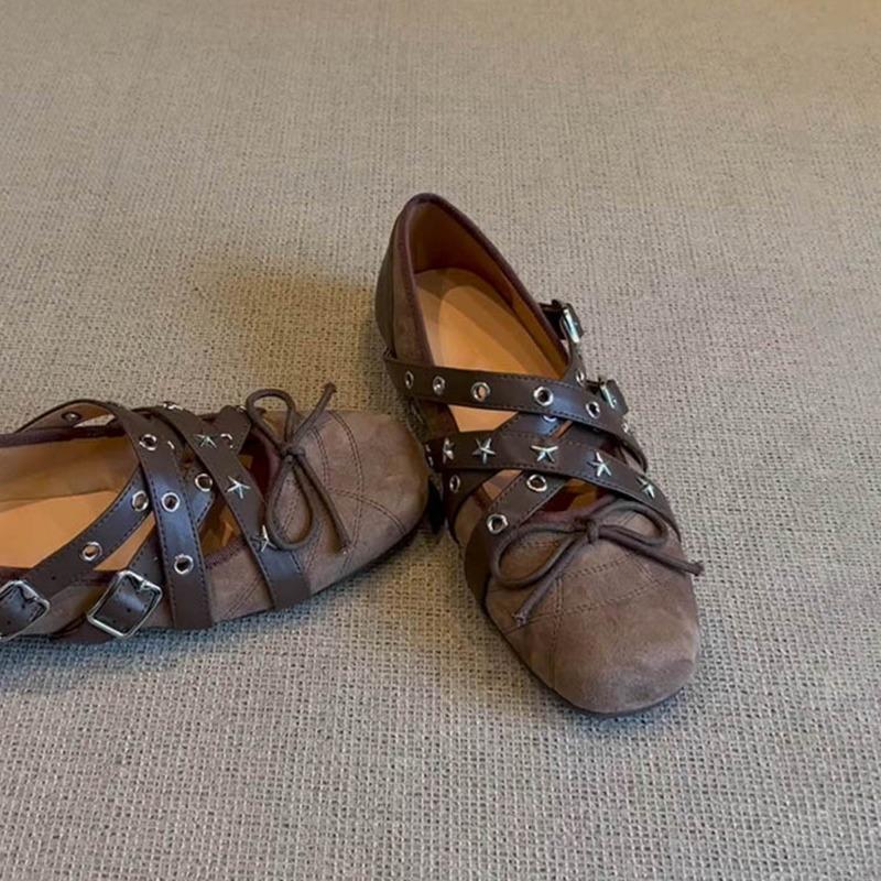 Cross Strap Frosted Leather Bow Mary Jane Shoes Women's Vintage Flat Sports Ballet Single Shoes