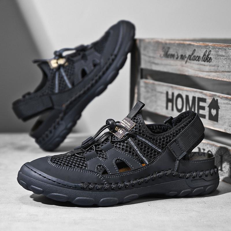 

Leather Sandals Men s Mesh Hollow Shoes Hollow Beach Shoes 46 чорний