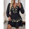 Small Western Style Spring/Summer New Fashion Deep V-neck Embroidery Black Waist Hugging Long sleeve dress Skirt DRESS