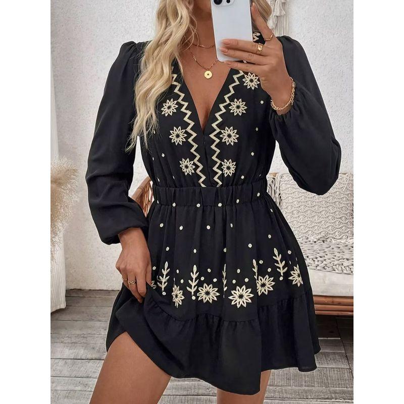 Small Western Style Spring/Summer New Fashion Deep V-neck Embroidery Black Waist Hugging Long sleeve dress Skirt DRESS