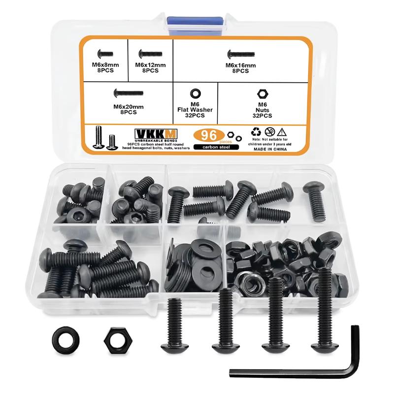 

96 шт. черных винтов с круглой шестигранной головкой и гайкой M6, комплект шайб с номинальным размером, шестигранная головка с ключом