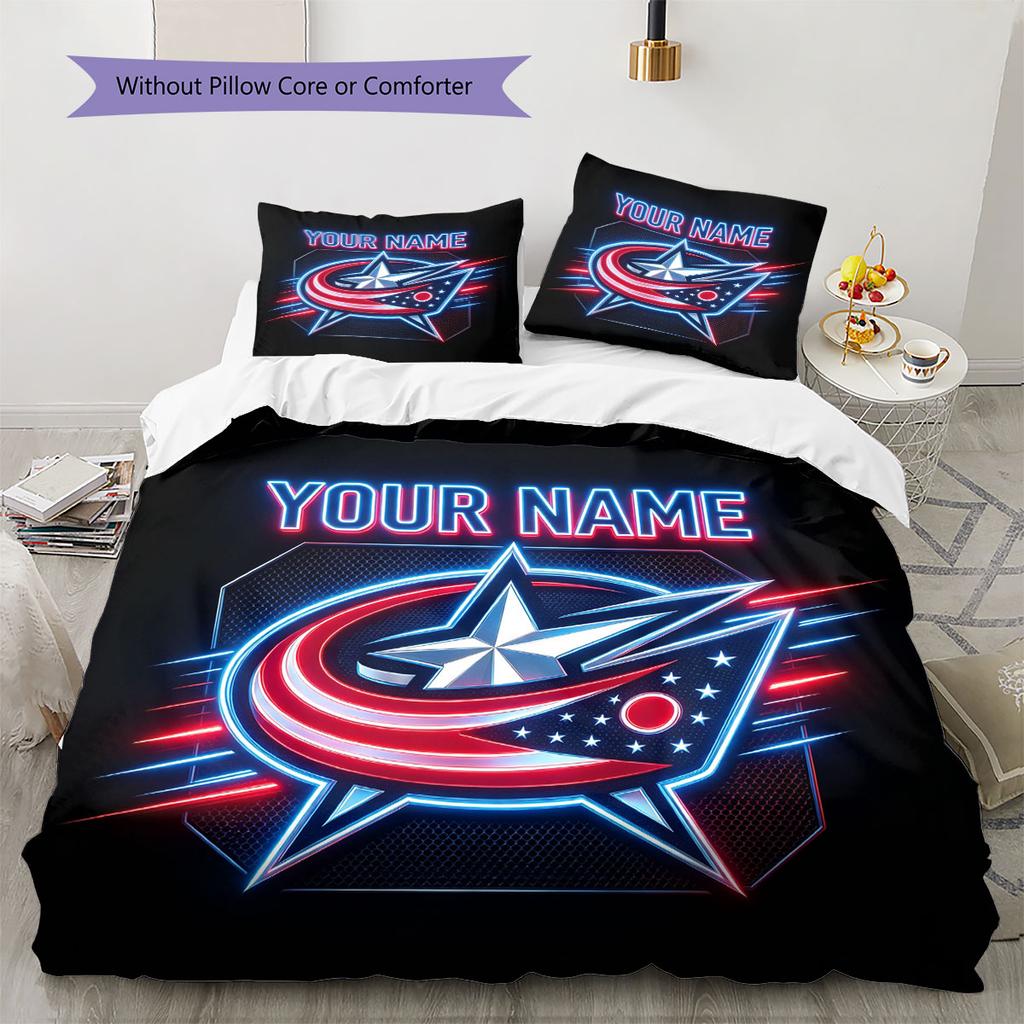 Custom Name,Columbus Blue Jackets Pattern Bedding Home Decoration Birthday Gift ( 1 Duvet Cover + 2 Pillowcase, Without Core),fan Merchandise.