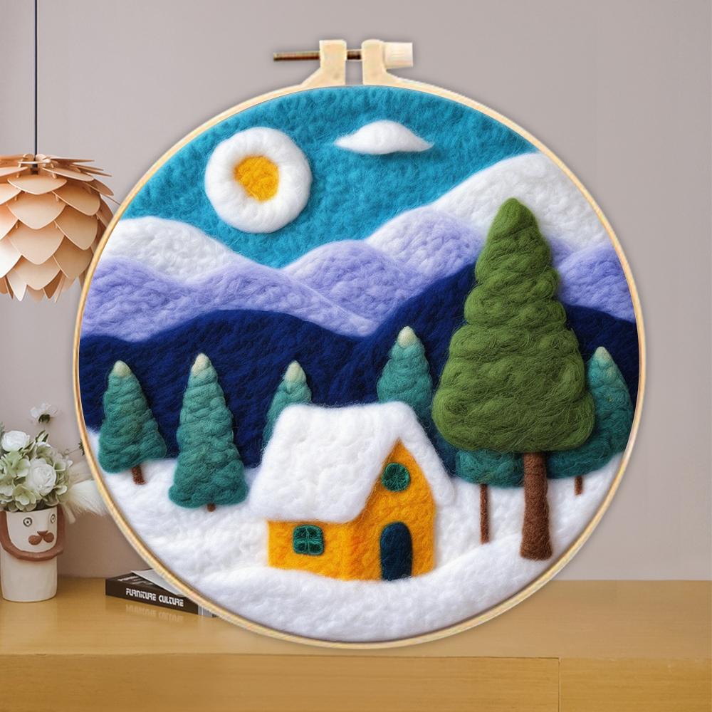 CHENISTORY 20x20cm Frame With Wool Felting Painting Kit Landscape Funny Diy Felt Crafts Package Felt Needle For Home Decoration