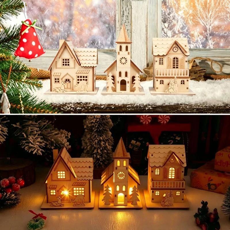1 Set Kids Gift New Year Christmas Led Light Wooden House Luminous Cabin Merry Christmas Decor For Home Diy Xmas Tree Ornaments