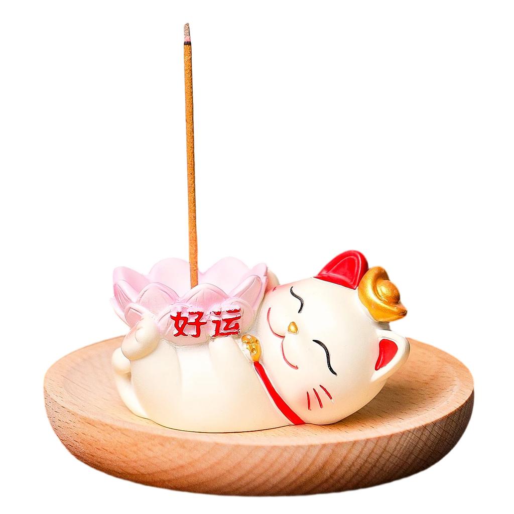 1Pc Cute Lucky Cat Zen Incense Burner Incense Insert Ornament Household Bamboo and Wood Tray Line Incense Plate Incense Holder Desktop Ornament