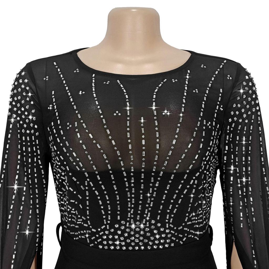 Elegant European & American Fashion Women's See-through Dress with Hot Drilling Details.