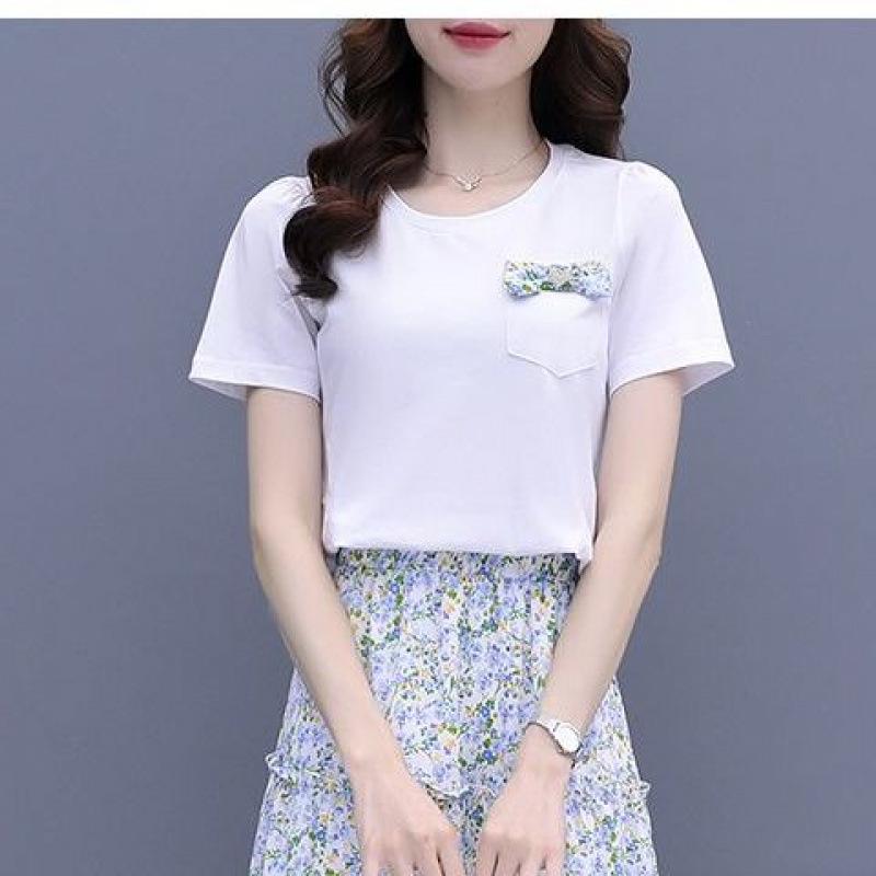 

Женский комплект из футболки с цветочным принтом и шифоновой юбки - летний профессиональный костюм-двойка L for 100-115 lbs