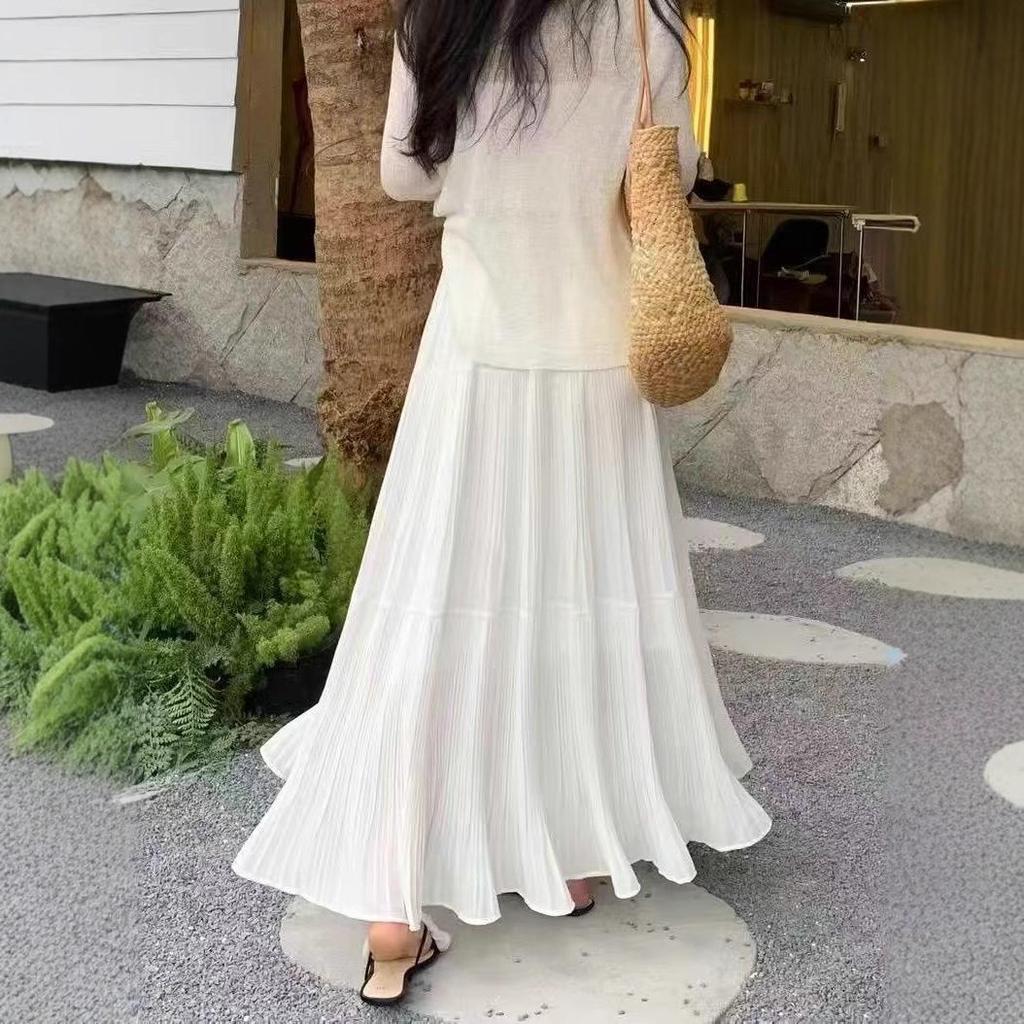 Qooth Summer Chiffon High Waist Skirt A-Line Pleated Maxi Skirt Ruffles Elegant Fashion Skirt QT2597
