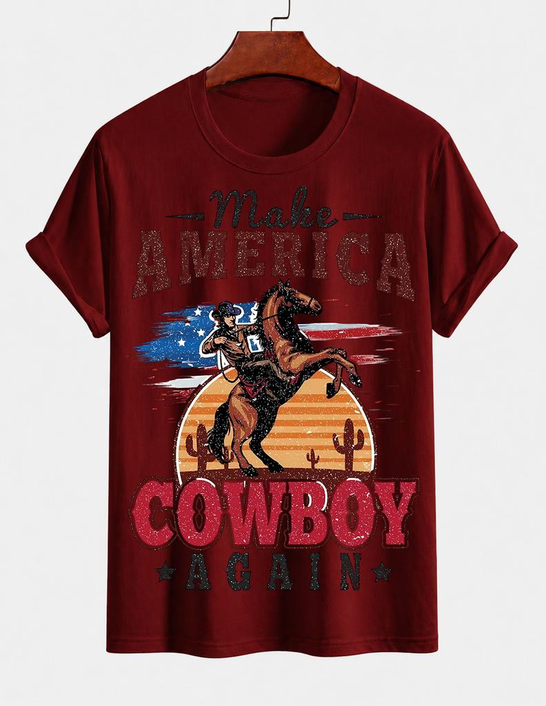 2026 New Pure Cotton Tshirt American Vintage Distressed Denim Horse Riding Print Summer Casual Loose Round Neck Top