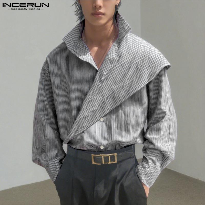 INCERUN Men Long Sleeve Front Cross Irregular Layers Patchwork Striped Casual Cape Shirts