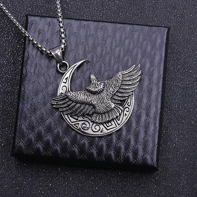 Mond und Fliegender Adler Anhänger Halskette Für Männer Frauen Retro Hiphop Silber Edelstahl Kasten Kette Hippie Schmuck