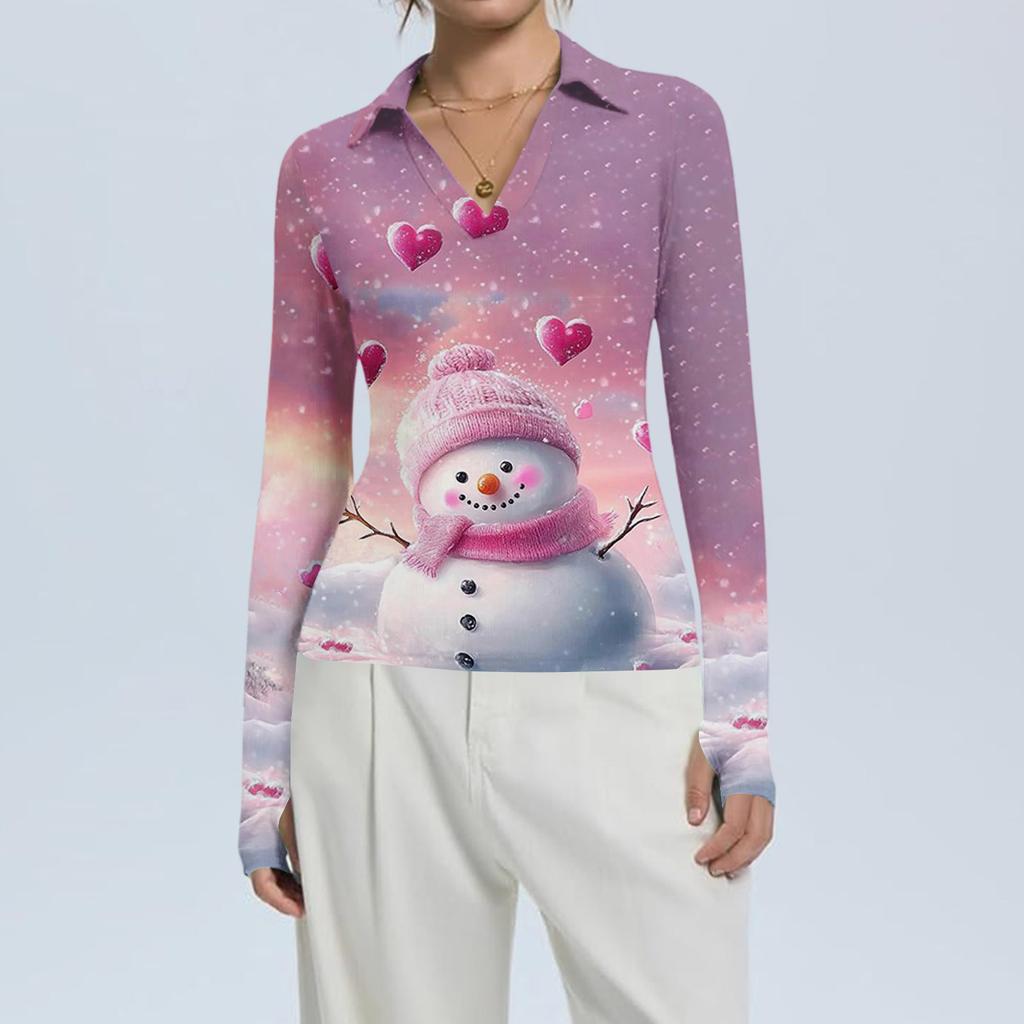 Damenmode Lässig Weihnachts-Print V-Ausschnitt Langarm Knopfleiste Oberteil