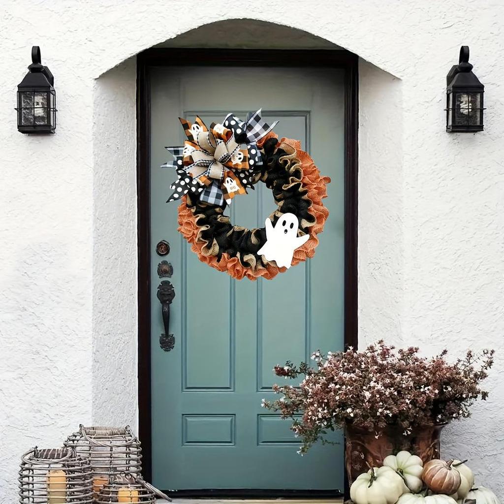 Haobei Halloween Burlap Bow Ghost Wreath for Front Door - New Christmas Decoration