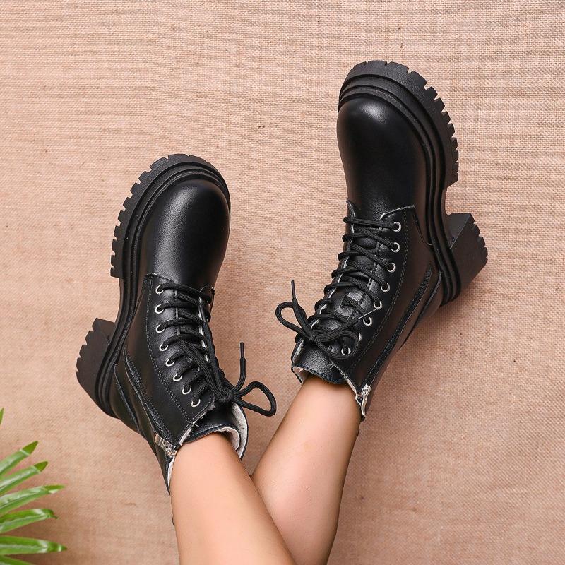 Fashion New Winter Thick Heel Cotton Boots Women's Round Head Front Tie Side Zipper Thick Sole Anti-slip Wear-resistant Short Boots