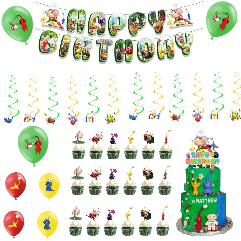 Sada Narozeninových Dekorací Pikmin-4 Vlaječky Balónky Zápichy a Závěsné Dekorace