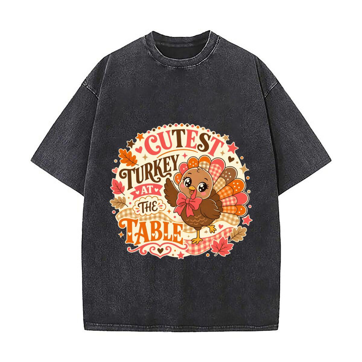 Cute Thanksgiving Turkey Bow Graphic Vintage Distressed Washed Cotton Short Sleeve Streetwear Outfit S