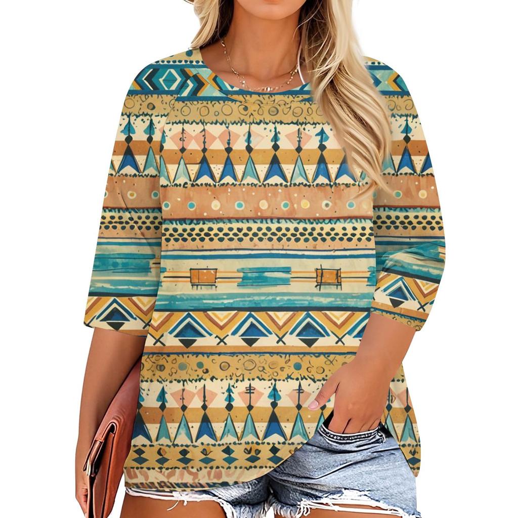 T-shirt Casual da Donna con Stampa, Girocollo, Manica 3/4