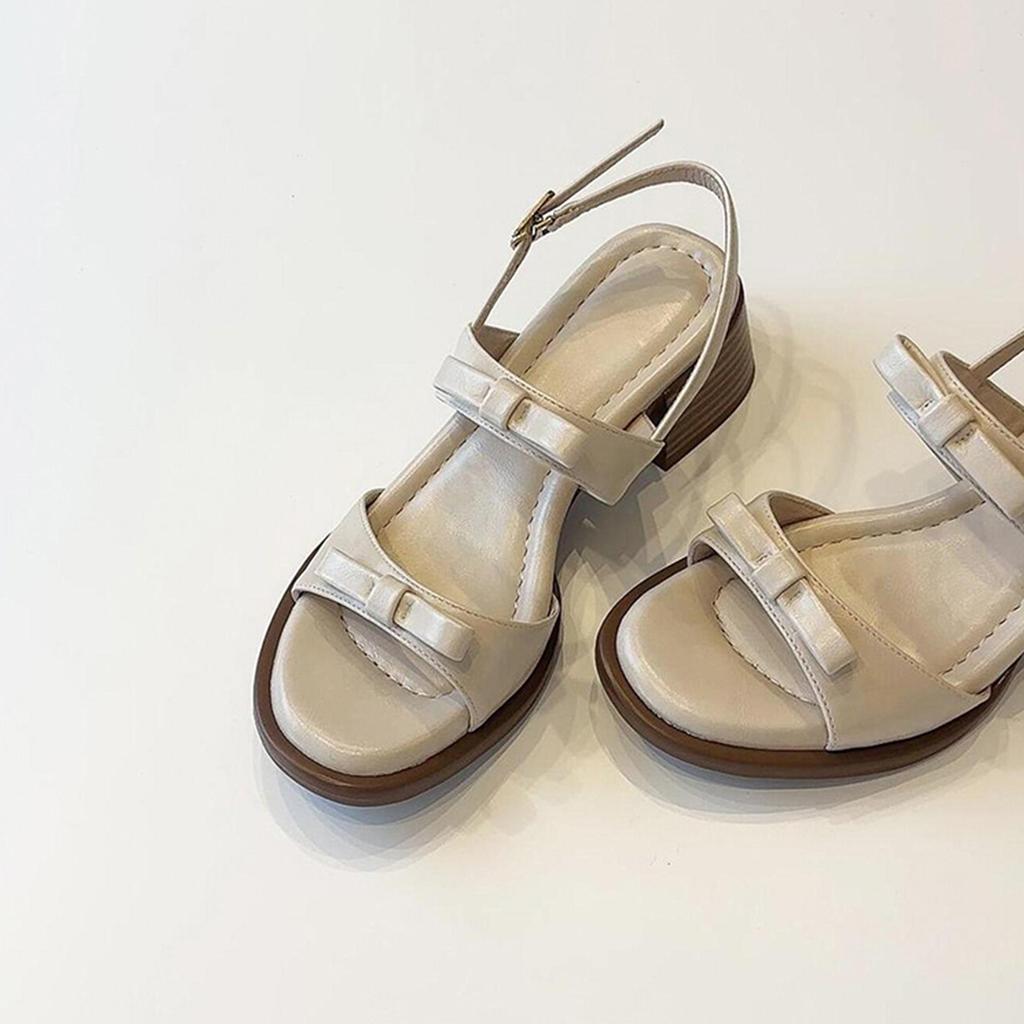 Sheepskin Version, Stepping On Shit, Genuine Leather with Sandals, Women's Medium Heel, Not Tired Feet with Bow, Roman Sandals.